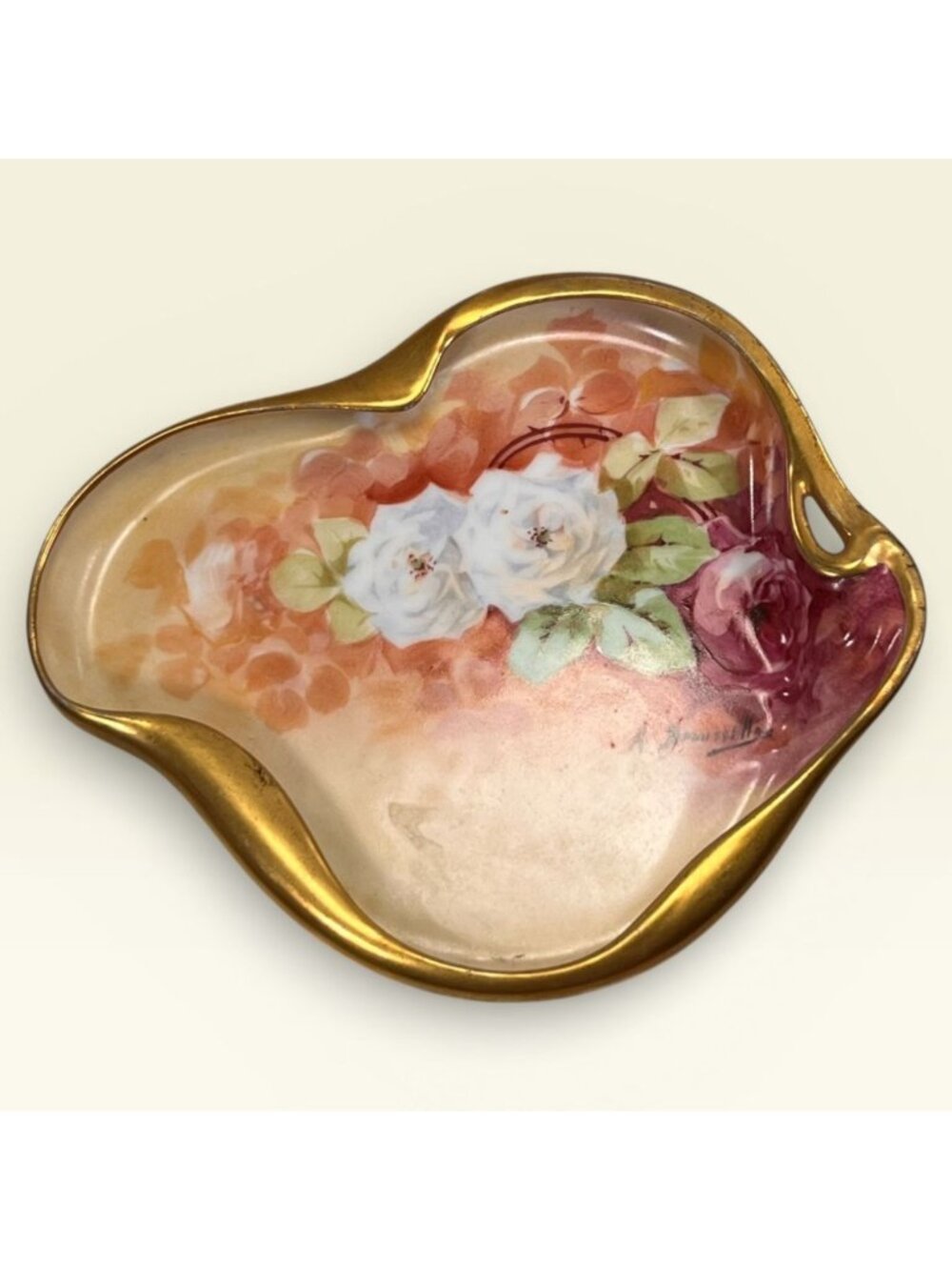 Vtg Limoges Coronet Trinket Tray signed A. Braussillon Roses Gold Hand Painted